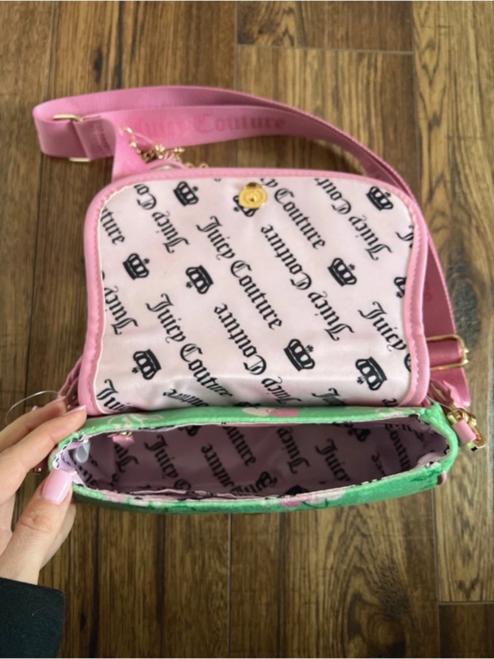 Juicy Couture Green and Pink Cherry Print Shoulder Bag